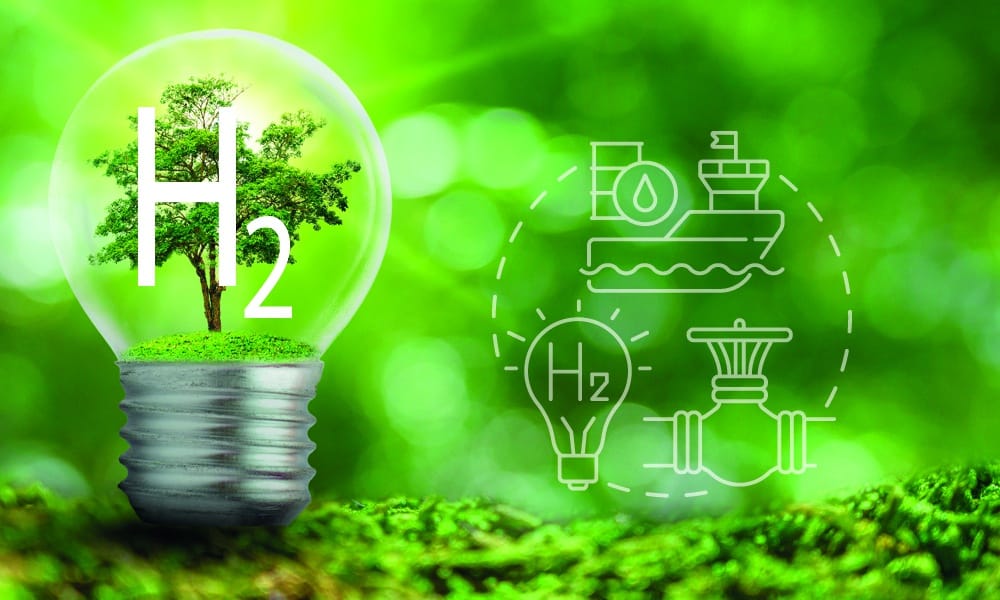 Lamp with green tree and H2 symbol and typical hydrogen applications and challenges.