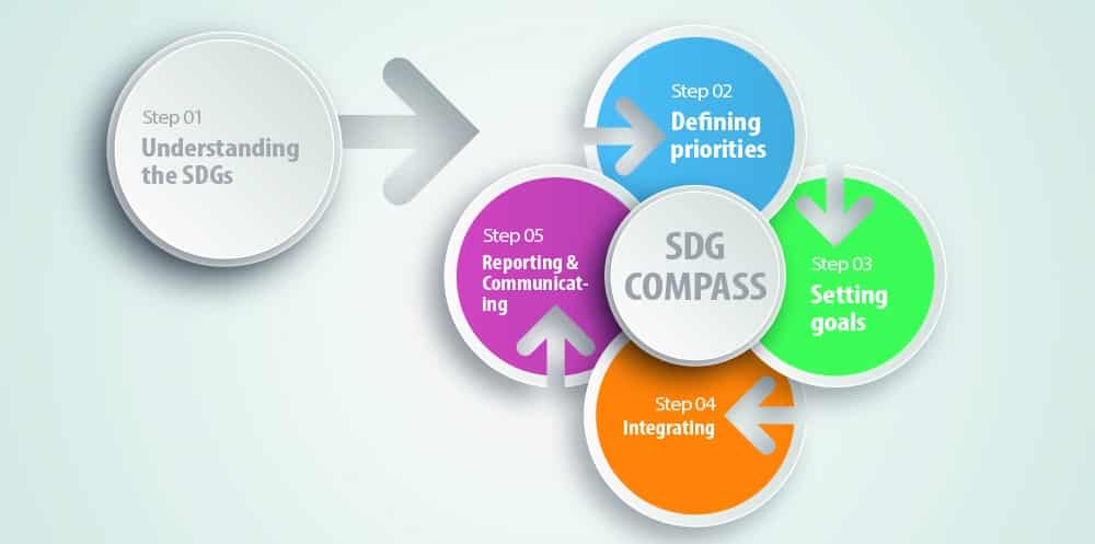 Infographic shows SDG compass with the 5 step process.